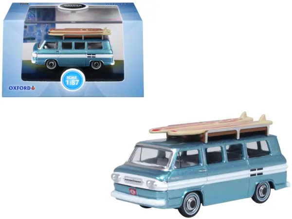 1961 Chevrolet Corvair Greenbrier Passenger Wagon Van Turquoise Metallic and Cameo White with Surfboards on Roof 1/87 (HO) Scale Diecast Model Car by Oxford Diecast #1
