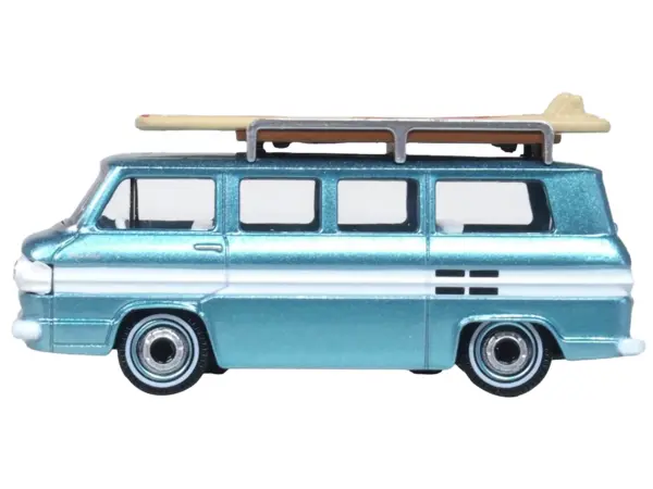 1961 Chevrolet Corvair Greenbrier Passenger Wagon Van Turquoise Metallic and Cameo White with Surfboards on Roof 1/87 (HO) Scale Diecast Model Car by Oxford Diecast #2