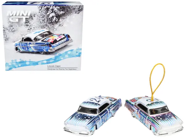 1954 Lincoln Capri "Christmas Hot Rod 2024 Edition by Tim Sadchikov" #24 Blue Metallic with Christmas Graphics and Lincoln Capri Tree Ornament Limited Edition to 9999 pieces Worldwide 1/64 Diecast Model Car by Mini GT #1