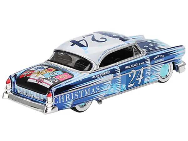 1954 Lincoln Capri "Christmas Hot Rod 2024 Edition by Tim Sadchikov" #24 Blue Metallic with Christmas Graphics and Lincoln Capri Tree Ornament Limited Edition to 9999 pieces Worldwide 1/64 Diecast Model Car by Mini GT #4
