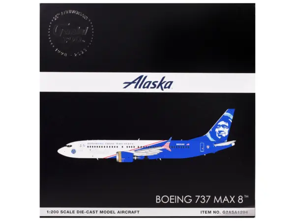 Boeing 737 MAX 8 Commercial Aircraft "Alaska Airlines - Honoring Those Who Serve" (N806AK) White and Blue "Gemini 200" Series 1/200 Diecast Model Airplane by GeminiJets #3