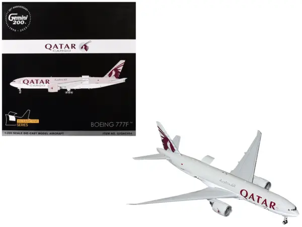 Boeing 777F Commercial Aircraft "Qatar Cargo" (A7-BFT) Gray with Tail Graphics "Gemini 200 - Interactive" Series 1/200 Diecast Model Airplane by GeminiJets #1