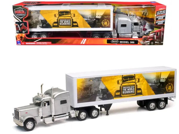 Peterbilt 389 Truck Silver Metallic with Dry Van Trailer "Trucker Keep The World Running" "Long Haul Truckers" Series 1/32 Diecast Model by New Ray #1