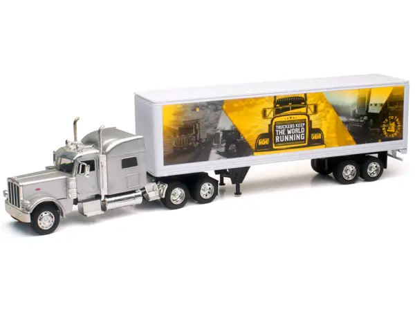 Peterbilt 389 Truck Silver Metallic with Dry Van Trailer "Trucker Keep The World Running" "Long Haul Truckers" Series 1/32 Diecast Model by New Ray #2