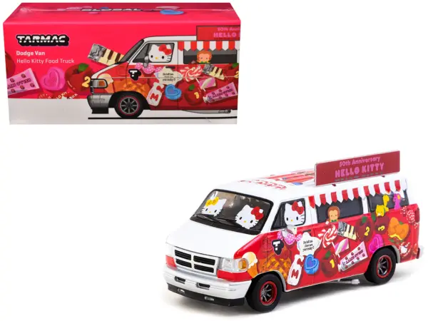 Dodge Van "Hello Kitty Food Truck" White and Red with Graphics "Global64" Series 1/64 Diecast Model by Tarmac Works #1