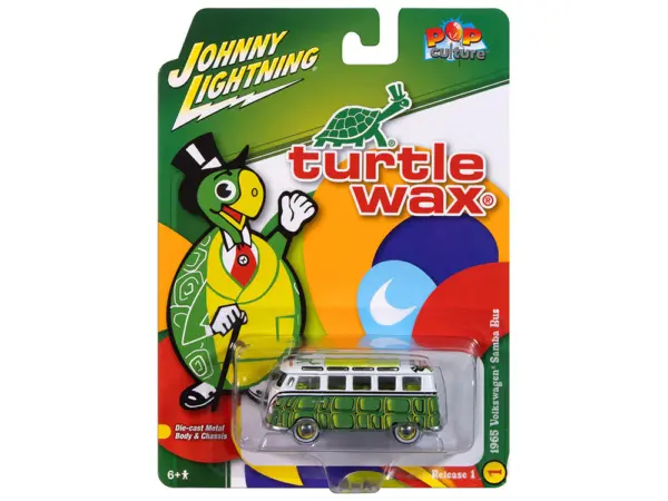 1965 Volkswagen Samba Bus "Turtle Wax" White and Green with Graphics "Pop Culture" 2025 Release 1 1/64 Diecast Model Car by Johnny Lightning #3