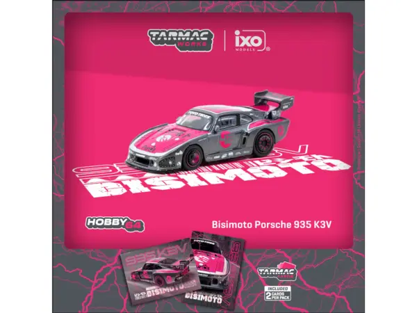 Porsche 935 K3V Bisimoto Gray Metallic with Pink Hood and Top with Tarmac Cards "Hobby64" Series 1/64 Diecast Model by Tarmac Works #3