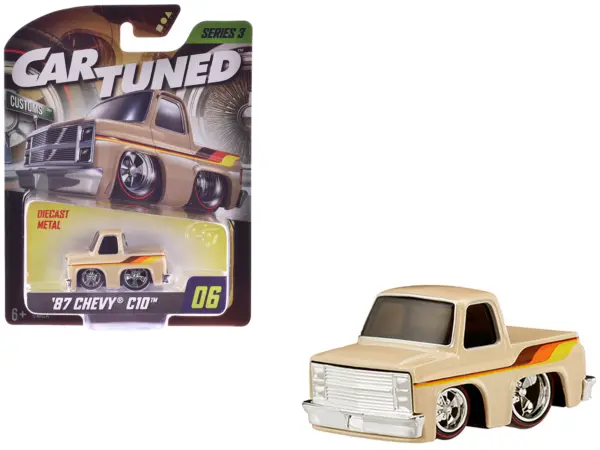 1987 Chevrolet C10 Pickup Truck Beige with Stripes "Customs" Series 3 Diecast Model Car by CarTuned #1