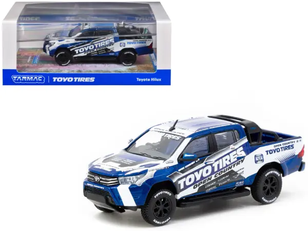 Toyota Hilux Pickup Truck RHD (Right Hand Drive) "Toyo Tires" White and Blue with Graphics "Hobby64" Series 1/64 Diecast Model Car by Tarmac Works #1