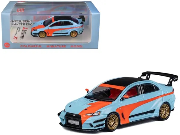 Mitsubishi Lancer Evolution X Varis RHD (Right Hand Drive) Light Blue with Black Top and Orange Stripes 1/64 Diecast Model Car by CM Model #1