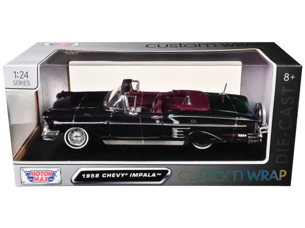 1958 Chevrolet Impala Green and Purple Chrome "Custom Wrap" Series 1/24 Diecast Model Car by Motormax #1