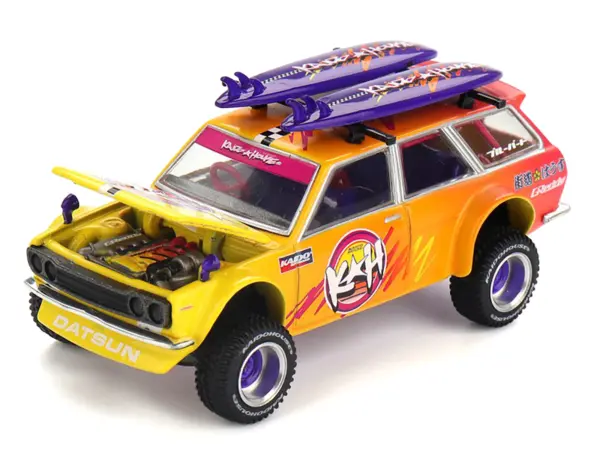 Datsun Kaido 510 Wagon 4x4 RHD (Right Hand Drive) "Kaido Islands V1" Yellow to Red Gradient with Surfboards (Designed by Jun Imai) "Kaido House" Special 1/64 Diecast Model Car by Mini GT #2