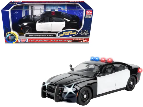 2023 Dodge Charger Pursuit Police Car Black and White with Flashing Light Bar Front and Rear Lights and 2 Sounds "Builder's Kit" 1/24 Diecast Model Car by Motormax #1
