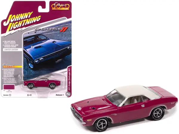 1971 Dodge Challenger R/T Panther Pink with White Top and Interior "Classic Gold Collection" 1/64 Diecast Model Car by Johnny Lightning #1