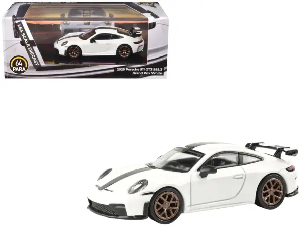 2025 Porsche 911 GT3 (992.2) Grand Prix White with Carbon Stripe 1/64 Diecast Model Car by Paragon #1