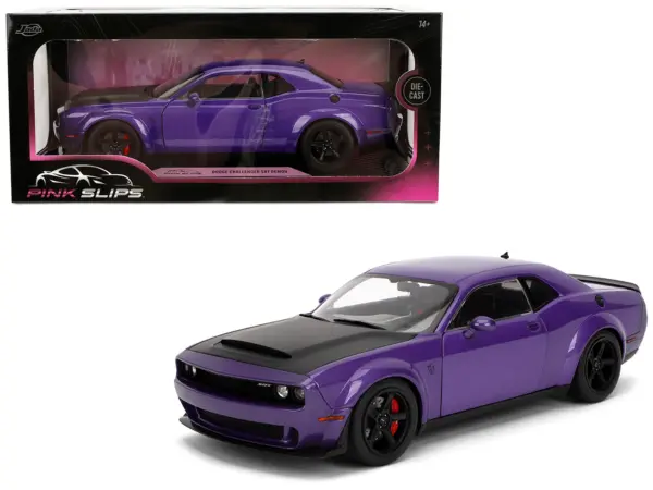 Dodge Challenger SRT Demon Purple Metallic with Matt Black Hood "Pink Slips" Series 1/18 Diecast Model Car by Jada #1