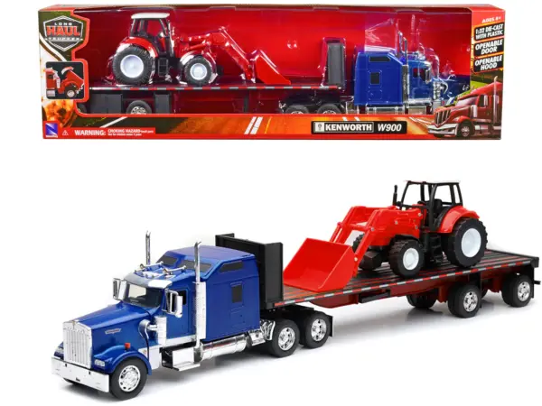 Kenworth W900 Truck with Flatbed Trailer Blue Metallic with Farm Tractor Red "Long Haul Truckers" Series 1/32 Diecast Model by New Ray #1