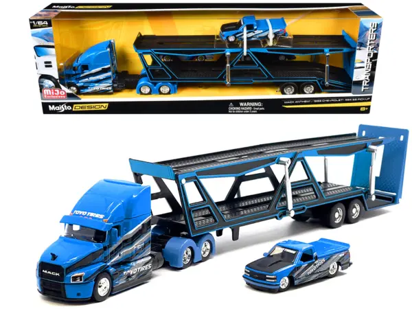 Mack Anthem Open Car Hauler Blue with Graphics and 1993 Chevrolet 454 SS Pickup Truck Blue with Graphics "Toyo Tires" "Transporters" Series 1/64 Diecast Models by Maisto #1