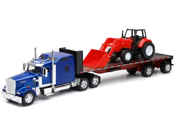Kenworth W900 Truck with Flatbed Trailer Blue Metallic with Farm Tractor Red "Long Haul Truckers" Series 1/32 Diecast Model by New Ray #2