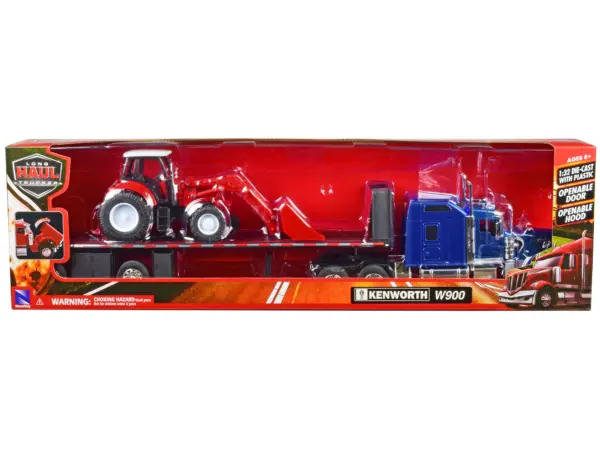 Kenworth W900 Truck with Flatbed Trailer Blue Metallic with Farm Tractor Red "Long Haul Truckers" Series 1/32 Diecast Model by New Ray #3