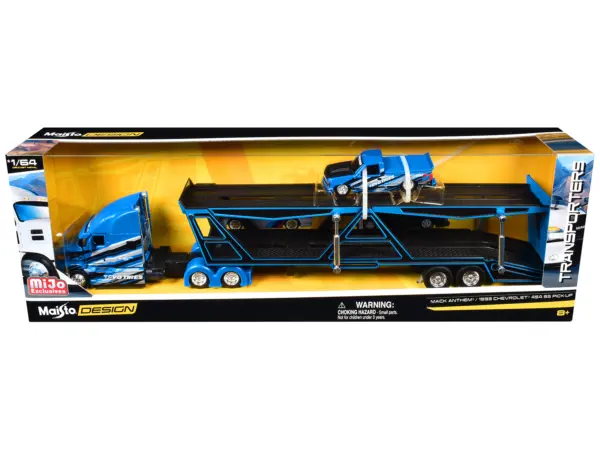 Mack Anthem Open Car Hauler Blue with Graphics and 1993 Chevrolet 454 SS Pickup Truck Blue with Graphics "Toyo Tires" "Transporters" Series 1/64 Diecast Models by Maisto #3