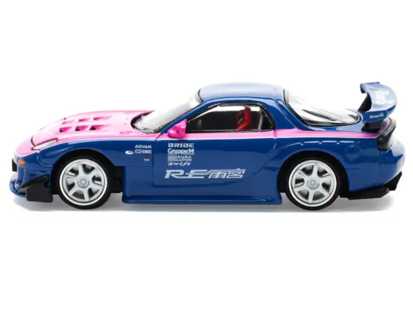 Mazda RX-7 RE-Amemiya Widebody RHD (Right Hand Drive) Blue with Pink Hood and Stripes 1/64 Diecast Model Car by Pop Race #3
