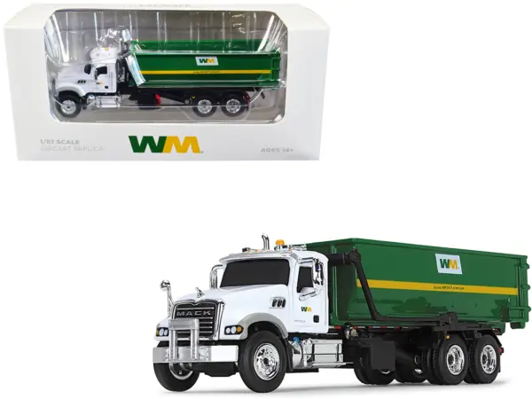 Mack Granite MP Refuse Garbage Truck with Tub-Style Roll-Off Container "Waste Management" White and Green 1/87 (HO) Diecast Model by First Gear #1