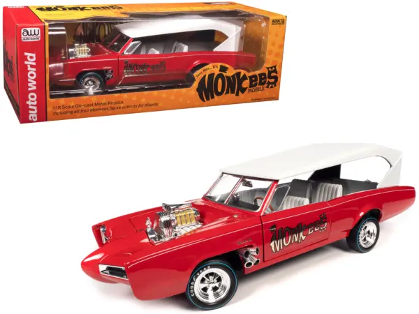 Monkeemobile Red with White Top and Interior "The Monkees" with Four Monkees Figure Cutouts "Silver Screen Machines" Series 1/18 Diecast Model Car by Auto World #1