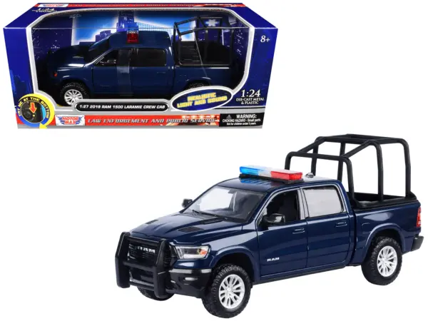 2019 RAM 1500 Laramie Crew Cab Pickup Truck with Bed Cage Dark Blue with Flashing Light Bar and Front and Rear Lights and Sounds 1/27 Diecast Model Car by Motormax #1
