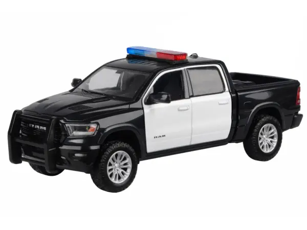2019 RAM 1500 Laramie Crew Cab Pickup Truck Black and White with Flashing Light Bar and Front and Rear Lights and Sounds 1/27 Diecast Model Car by Motormax #2