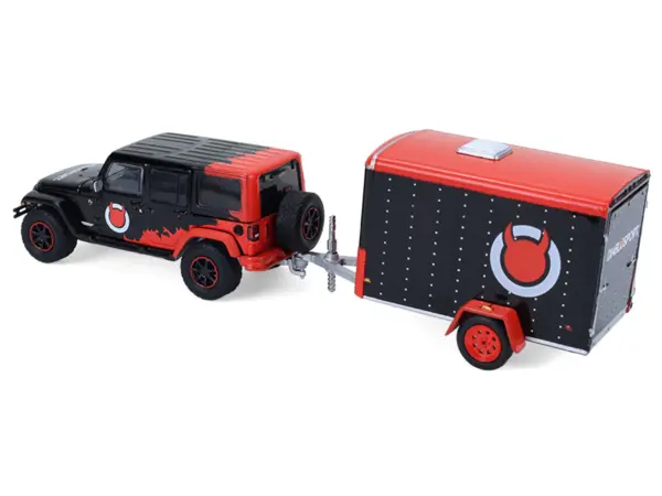 2012 Jeep Wrangler Unlimited "Diablo Sport" Black with Red Graphics and Small Cargo Trailer "Hitch & Tow" Series 33 1/64 Diecast Model Cars by Greenlight #3