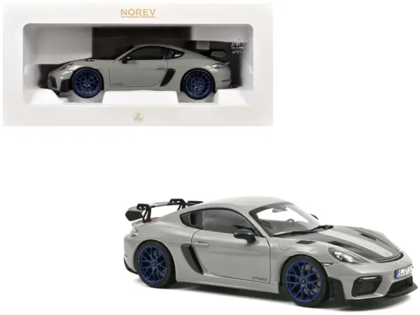 2023 Porsche Cayman GT4 RS Weissach Pack Chalk Gray with Carbon Hood Stripes 1/18 Diecast Model Car by Norev #1