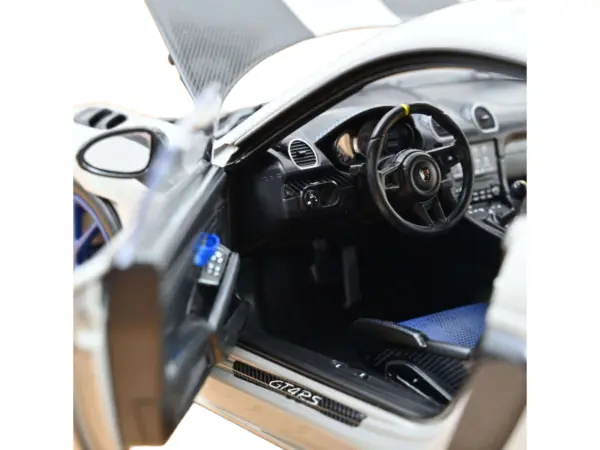 2023 Porsche Cayman GT4 RS Weissach Pack Chalk Gray with Carbon Hood Stripes 1/18 Diecast Model Car by Norev #4