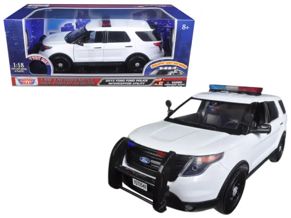 2015 Ford Police Interceptor Utility White with Flashing Light Bar and Front and Rear Lights and 2 Sounds 1/18 Diecast Model Car by Motormax #1