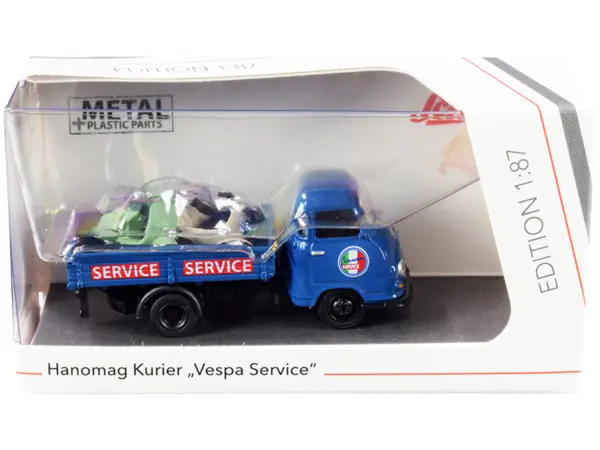 Hanomag Kurier Transporter "Vespa Service" Blue with 2 Vespas (Green and Cream) 1/87 (HO) Diecast Models by Schuco #1