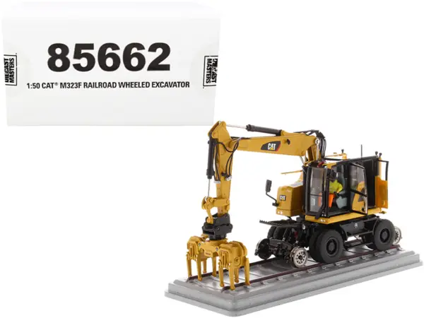 CAT Caterpillar M323F Railroad Wheeled Excavator with Operator and 3 Work Tools (CAT Yellow Version) "High Line Series" 1/50 Diecast Model by Diecast Masters #1