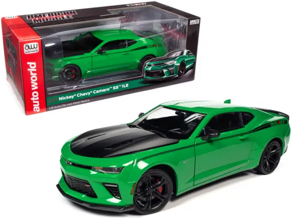 2017 Chevrolet Nickey Camaro SS 1LE Krypton Green with Matt Black Hood and Black Stripes 1/18 Diecast Model Car by Auto World #1