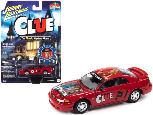 2000 Ford Mustang "Miss Scarlet" Red with Graphics with Poker Chip (Collector Token) "Modern Clue" "Pop Culture" 2022 Release 1 1/64 Diecast Model Car by Johnny Lightning #1