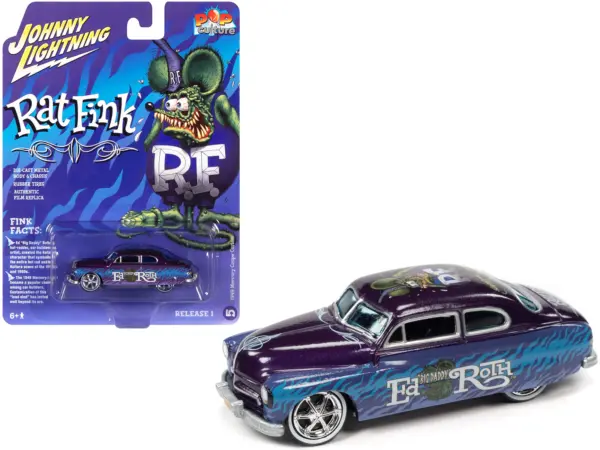 1949 Mercury Coupe Custom Purple Metallic with Graphics "Rat Fink" "Pop Culture" 2022 Release 1 1/64 Diecast Model Car by Johnny Lightning #1