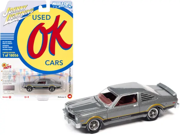 1976 Plymouth Volare Road Runner Silver Cloud Metallic with Stripes "OK Used Cars" Series Limited Edition to 18056 pieces Worldwide 1/64 Diecast Model Car by Johnny Lightning #1