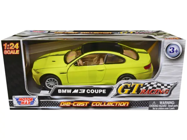 BMW M3 Coupe Neon Yellow with Matt Black Top and Stripes "GT Racing" Series 1/24 Diecast Model Car by Motormax #1