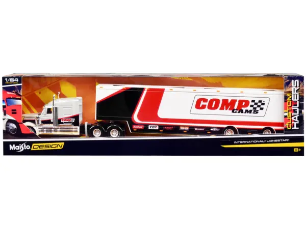 International LoneStar Enclosed Car Transporter "Comp Cams" White and Black with Stripes "Custom Haulers" Series 1/64 Diecast Model by Maisto #1