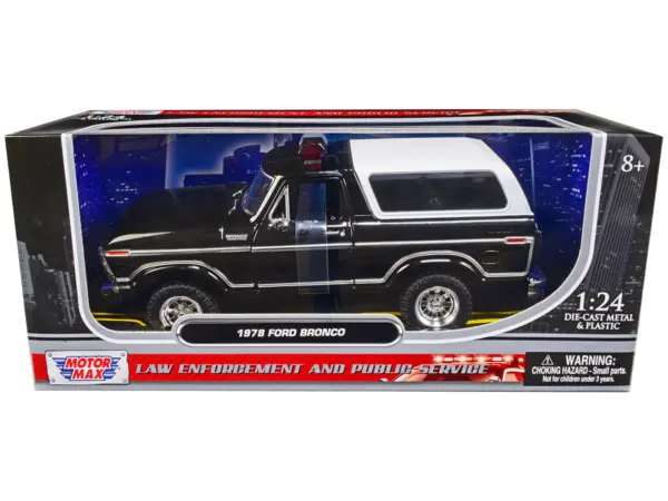 1978 Ford Bronco Police Car Unmarked Black with White Top "Law Enforcement and Public Service" Series 1/24 Diecast Model Car by Motormax #1