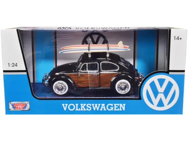 1966 Volkswagen Beetle Black with Wood Panels and Two Surfboards on Roof Rack 1/24 Diecast Model Car by Motormax #1