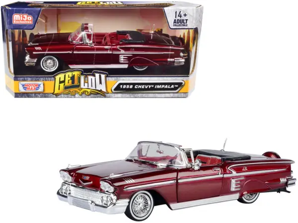 1958 Chevrolet Impala Convertible Lowrider Dark Red Metallic with Red Interior "Get Low" Series 1/24 Diecast Model Car by Motormax #1