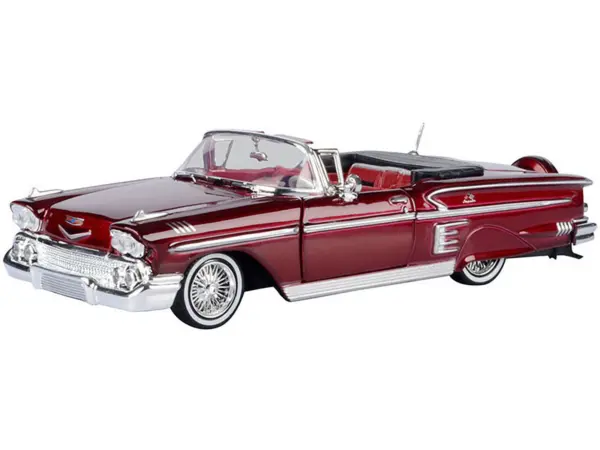 1958 Chevrolet Impala Convertible Lowrider Dark Red Metallic with Red Interior "Get Low" Series 1/24 Diecast Model Car by Motormax #2