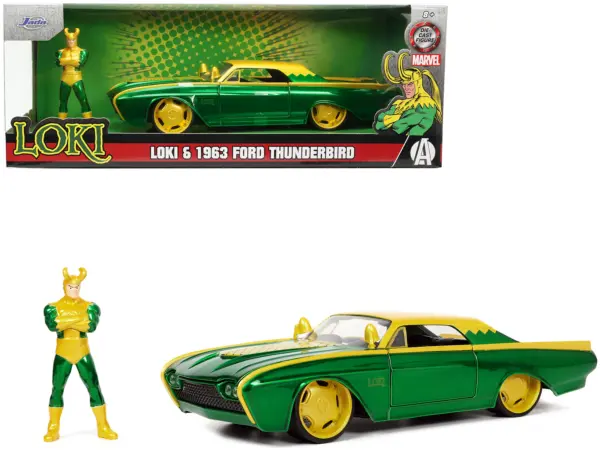 1963 Ford Thunderbird Green and Yellow Metallic with Hood Graphics and Loki Diecast Figure "Loki" "Marvel" Series 1/24 Diecast Model Car by Jada #1