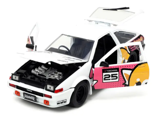 1986 Toyota Trueno (AE86) RHD (Right Hand Drive) #25 White with Graphics and Aggretsuko Diecast Figure "Aggretsuko" "Anime Hollywood Rides" Series 1/24 Diecast Model Car by Jada #2