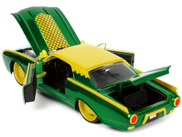1963 Ford Thunderbird Green and Yellow Metallic with Hood Graphics and Loki Diecast Figure "Loki" "Marvel" Series 1/24 Diecast Model Car by Jada #4