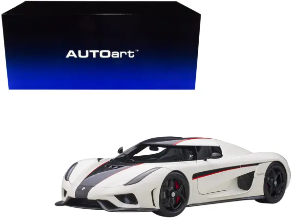 Koenigsegg Regera White with Black Carbon and Red Stripes 1/18  Model Car by Autoart #1